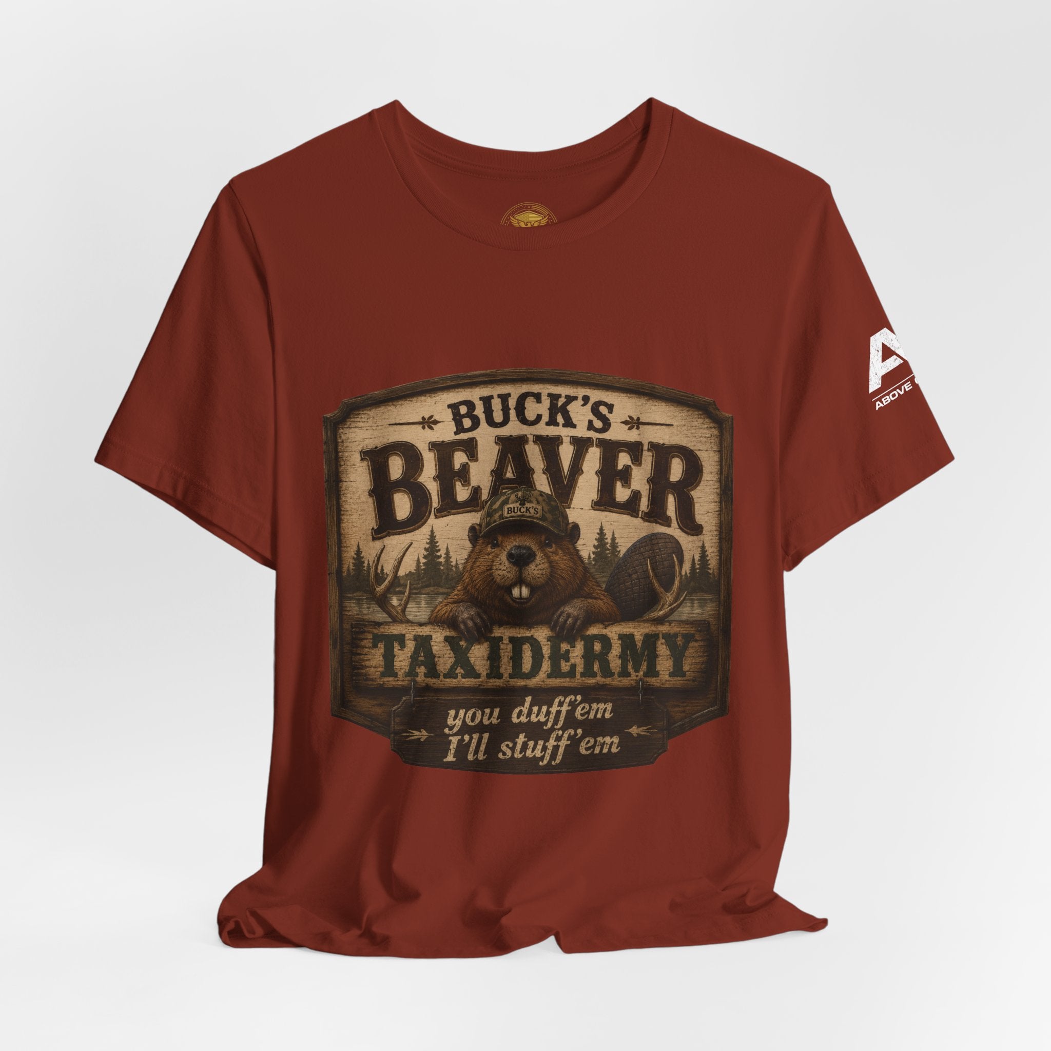 Beaver Taxidermy T‑Shirt — "Buck's Beaver Taxidermy: you duffern I'll stuff 'em" Rustic Hunting Tee