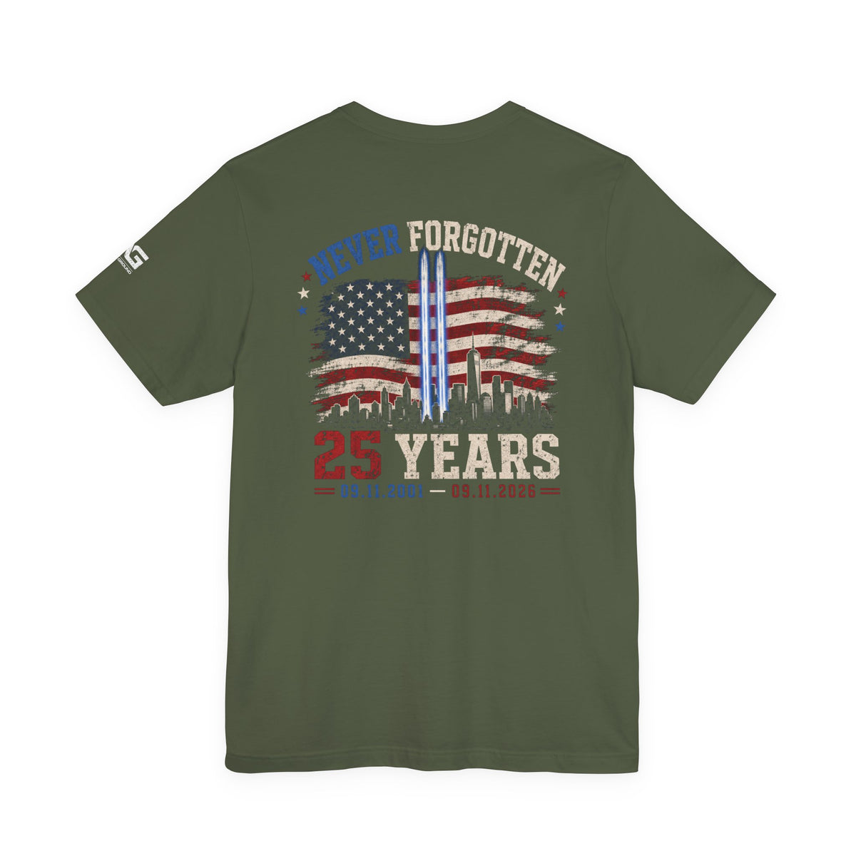 9/11 Memorial T-Shirt — "Never Forgotten 25 Years" American Flag Tribute Tee