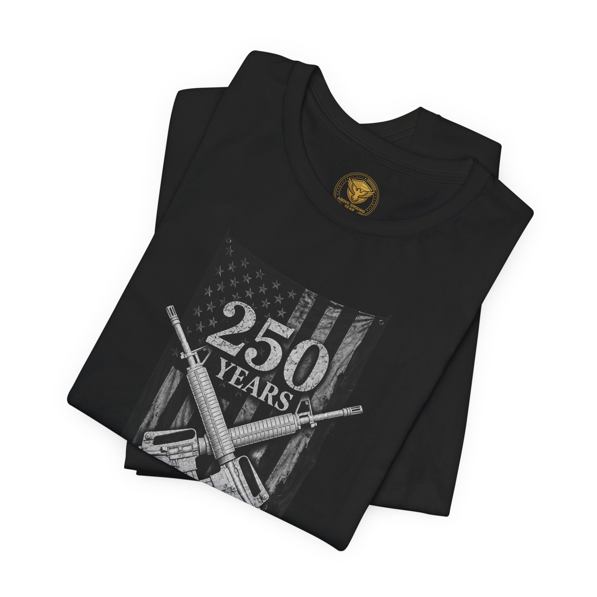 250 Years of Freedom Rifle Tee — Patriotic American Flag Shirt