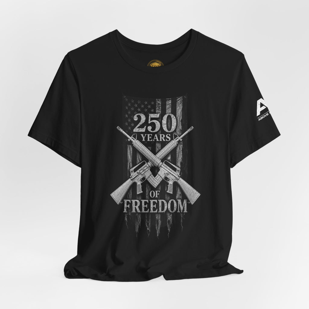 250 Years of Freedom Rifle Tee — Patriotic American Flag Shirt