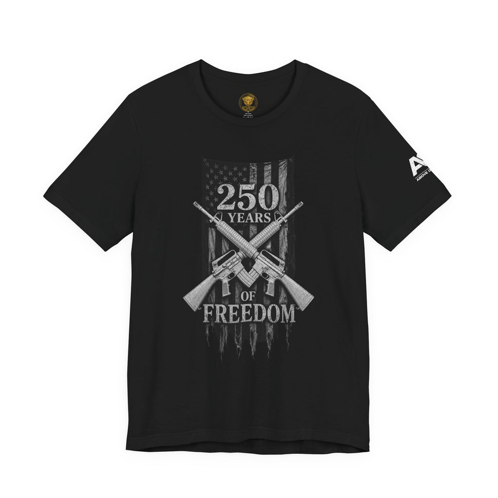250 Years of Freedom Rifle Tee — Patriotic American Flag Shirt