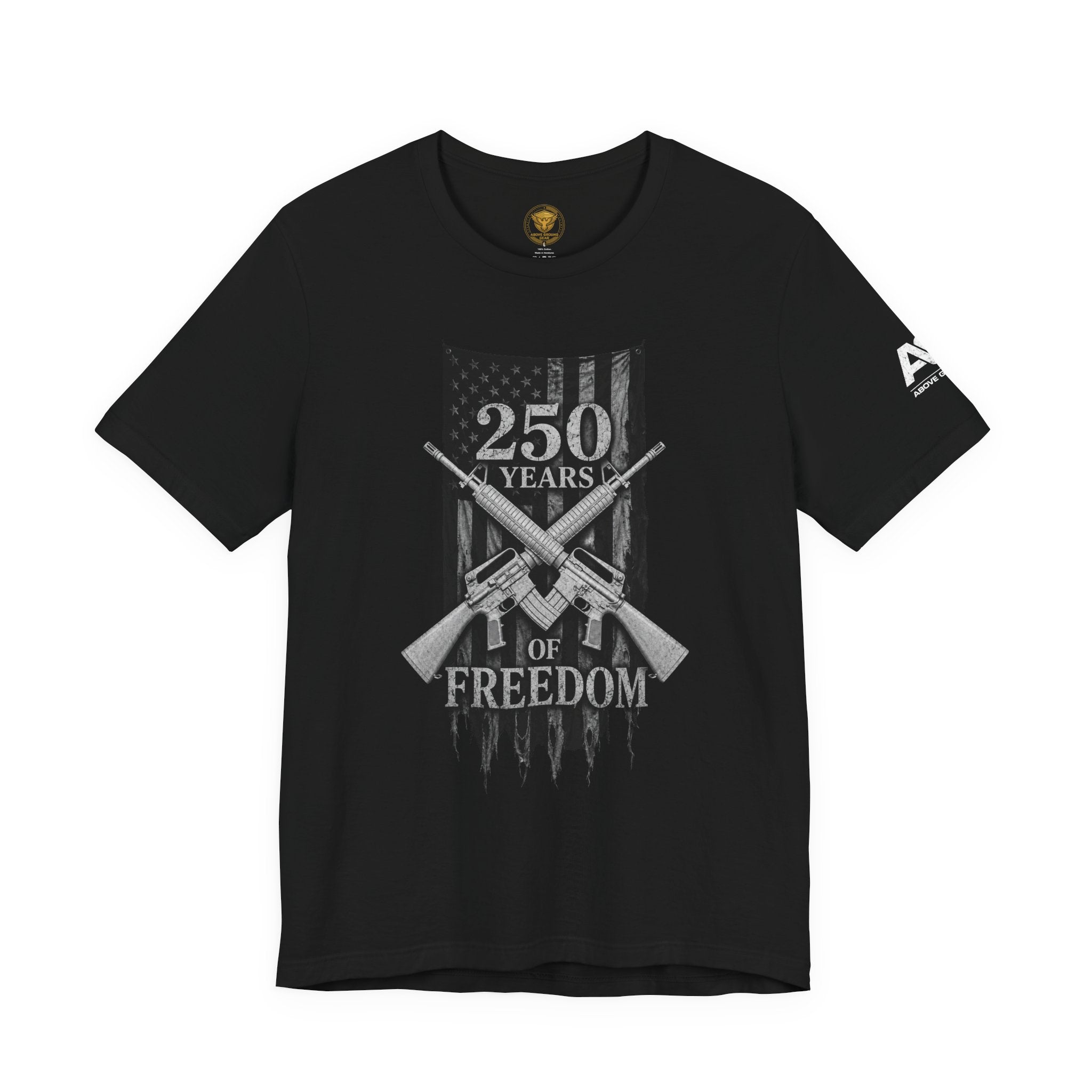 250 Years of Freedom Rifle Tee — Patriotic American Flag Shirt