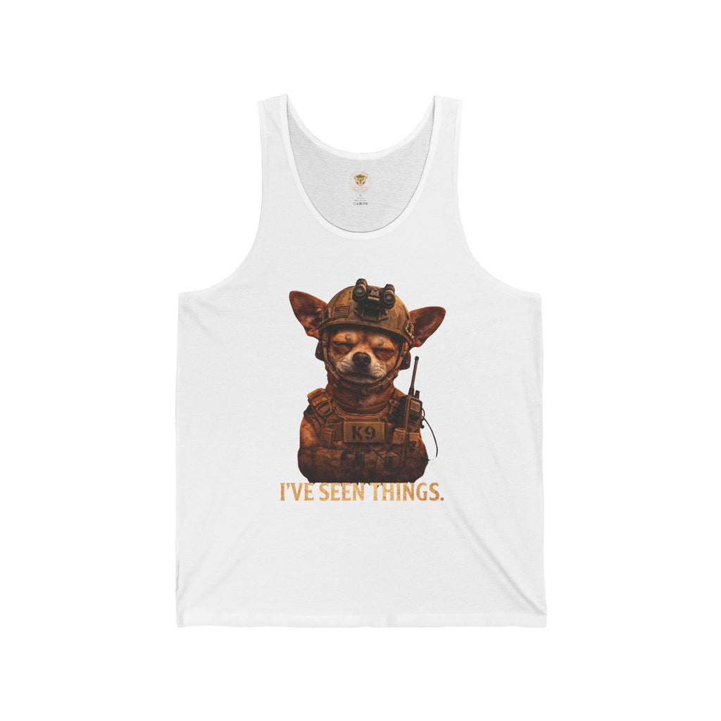 Tactical Chihuahua Tank Top — "I've Seen Things" Military Dog Graphic