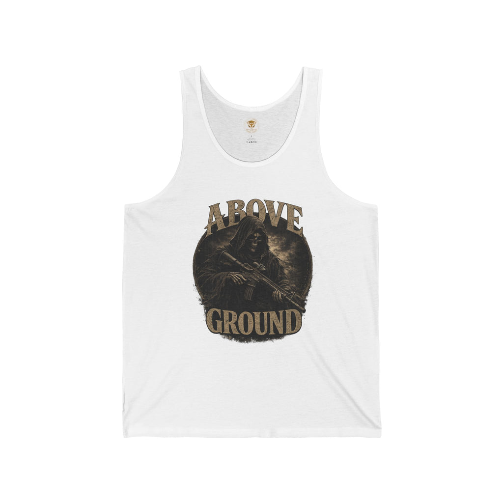Above Ground Graphic Tank Top — 'Above Ground' Skull Design, AG Logo Back