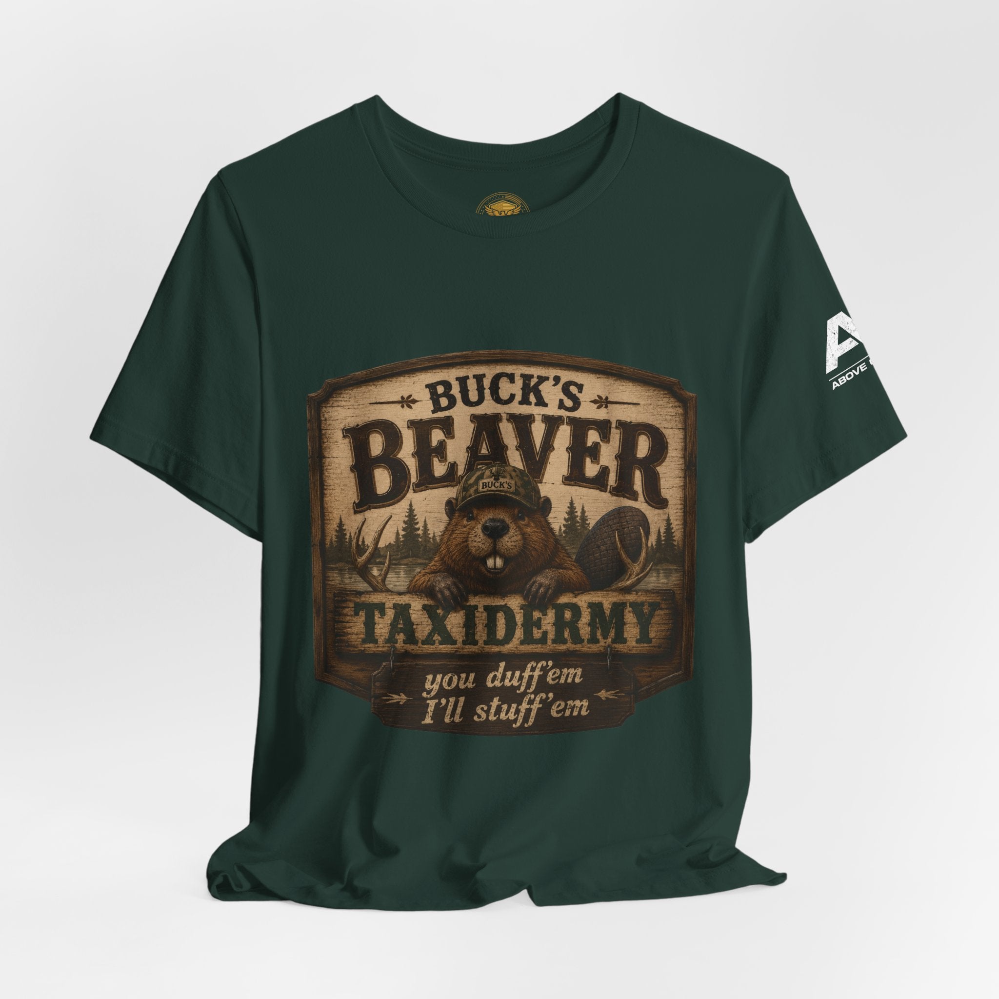Beaver Taxidermy T‑Shirt — "Buck's Beaver Taxidermy: you duffern I'll stuff 'em" Rustic Hunting Tee